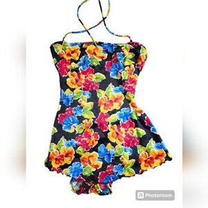 Vintage 70s ILGWU Black Tropical Floral One Piece Skirt Swimsuit
